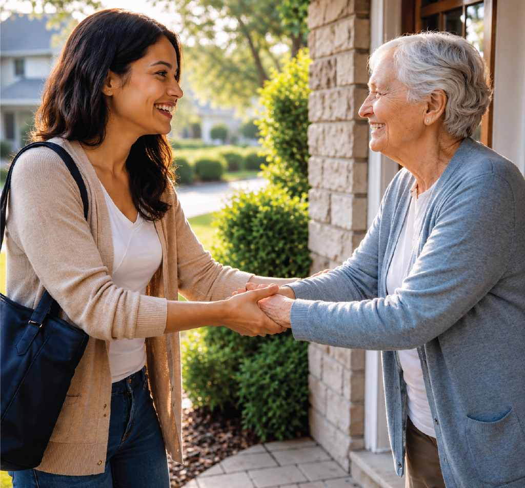 Caregiver and senior client sharing a warm moment at home